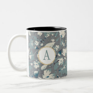 Caneca De Café Em Dois Tons Flores de Cinza Azul de Coloração Aquosa Monogra