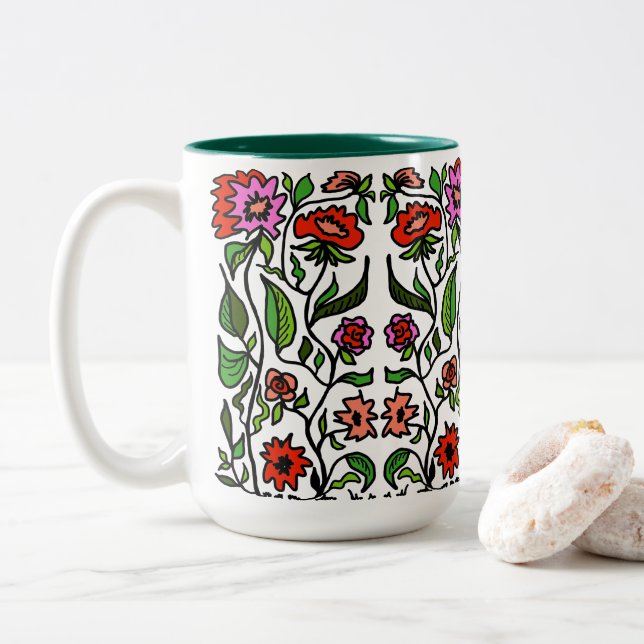 Caneca De Café Em Dois Tons Flores de Jardim Divertidas Ilustradas  (Com Donut)