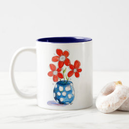 Caneca De Café Em Dois Tons Flores de Laranja Whimsical em Vaso Azul