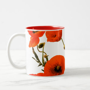 Caneca De Café Em Dois Tons Flores de Papoula Vermelho Laranja Presente Floral