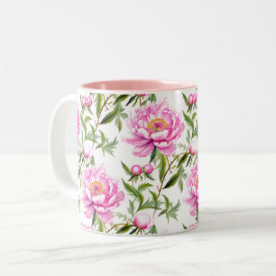Caneca De Café Em Dois Tons Flores de Pêonias Rosa com Folhas Verdes Sage