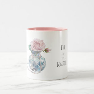Caneca De Café Em Dois Tons Flores de Rosa Rosa Vaso Azul