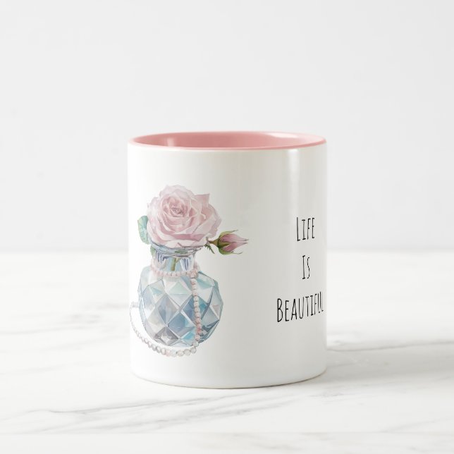 Caneca De Café Em Dois Tons Flores de Rosa Rosa Vaso Azul (Centro)
