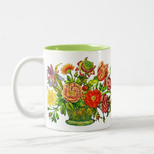 Caneca De Café Em Dois Tons Flores de Verão num cesto, Arte Vintage