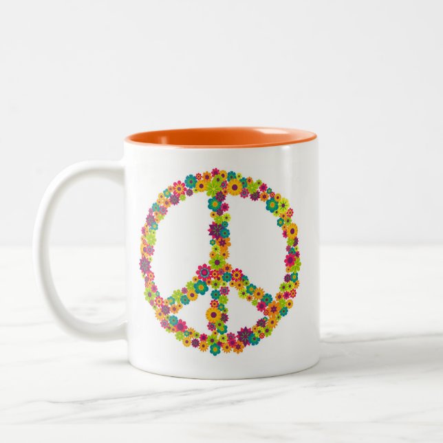 Caneca De Café Em Dois Tons Flores do sinal de paz do hippy (Esquerda)