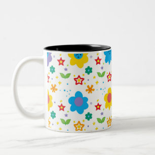 Caneca De Café Em Dois Tons Flores e estrelas brilhantes