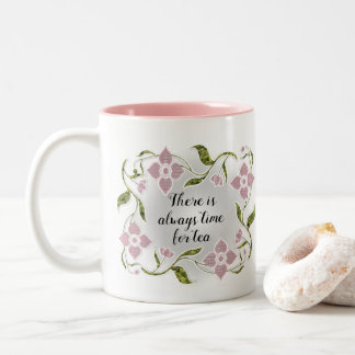 Caneca De Café Em Dois Tons Flores e Vinhas Rosa, Horário Femininas Elegantes