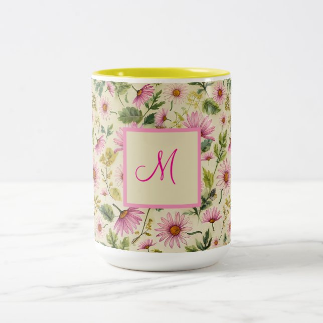 Caneca De Café Em Dois Tons Flores Elegantes De Mola Com Monograma (Centro)