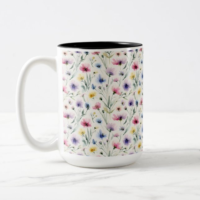 Caneca De Café Em Dois Tons Flores em Aquarela (Esquerda)