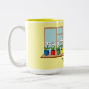 Caneca De Café Em Dois Tons flores em vasos na janela