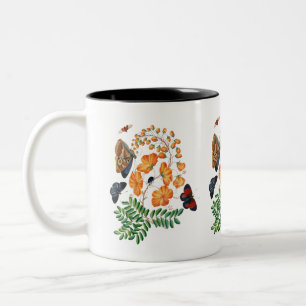 Caneca De Café Em Dois Tons Flores laranja e borboletas