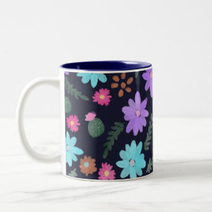 Caneca De Café Em Dois Tons Flores Mexicanas Florais Multicoloridas Azul Marin