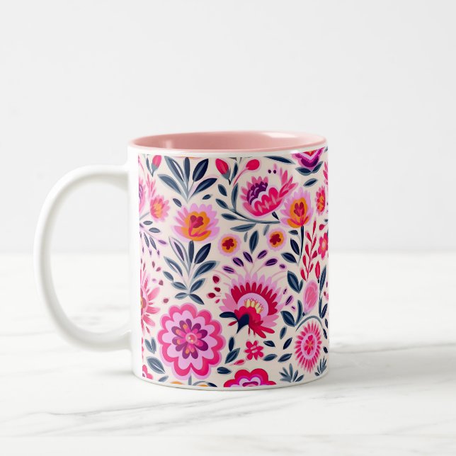 Caneca De Café Em Dois Tons Flores Mexicanas Fuchsia Vibrantes (Esquerda)