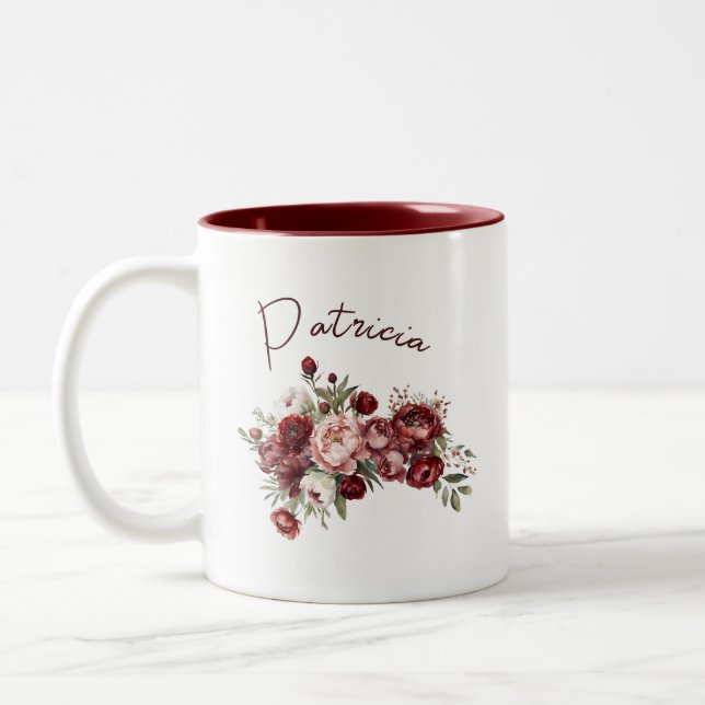 Caneca De Café Em Dois Tons Flores Modernas de Borgonha (Esquerda)