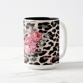 Caneca De Café Em Dois Tons Flores Modernas Fofas em Impressão de Leopardo-Per
