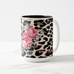 Caneca De Café Em Dois Tons Flores Modernas Fofas em Impressão de Leopardo-Per