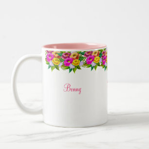 Caneca De Café Em Dois Tons Flores multicoloridas e caligrafia