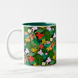 Caneca De Café Em Dois Tons Flores multicoloridas e folhas de palma em preto