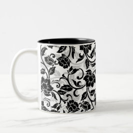 Caneca De Café Em Dois Tons Flores Negras e Cinzas