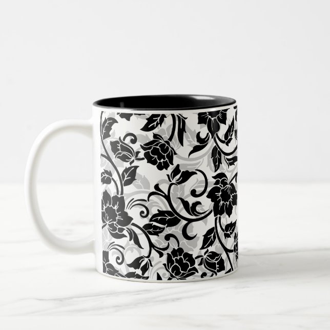 Caneca De Café Em Dois Tons Flores Negras e Cinzas (Esquerda)