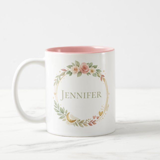 Caneca De Café Em Dois Tons Flores Personalizadas Nome Aquarela Flores & Doura (Esquerda)