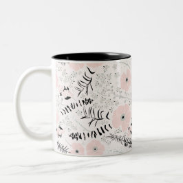 Caneca De Café Em Dois Tons Flores Pretas, Padrão, Cor-de-rosa, Cinzas Whimsic