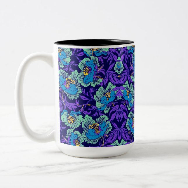 Caneca De Café Em Dois Tons Flores roxas e azuis William Morris (Esquerda)