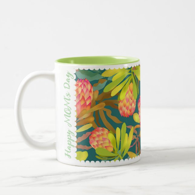 Caneca De Café Em Dois Tons Flores Selvagens Protea Verde (Esquerda)