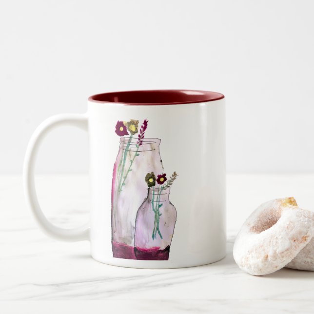 Caneca De Café Em Dois Tons Flores silvestres de aquarelas brancas em vaso (Com Donut)