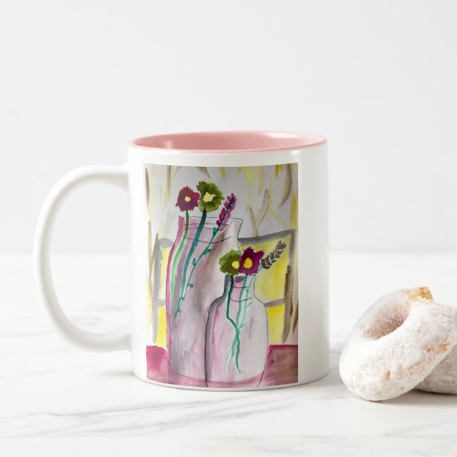 Caneca De Café Em Dois Tons Flores silvestres em arte abstrata de vaso (Com Donut)