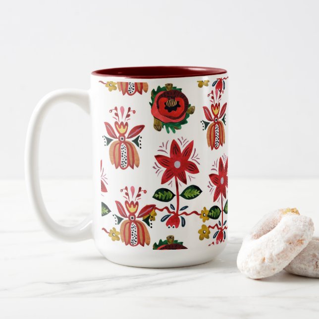 Caneca De Café Em Dois Tons Flores Ucranianas Decorativas (Com Donut)