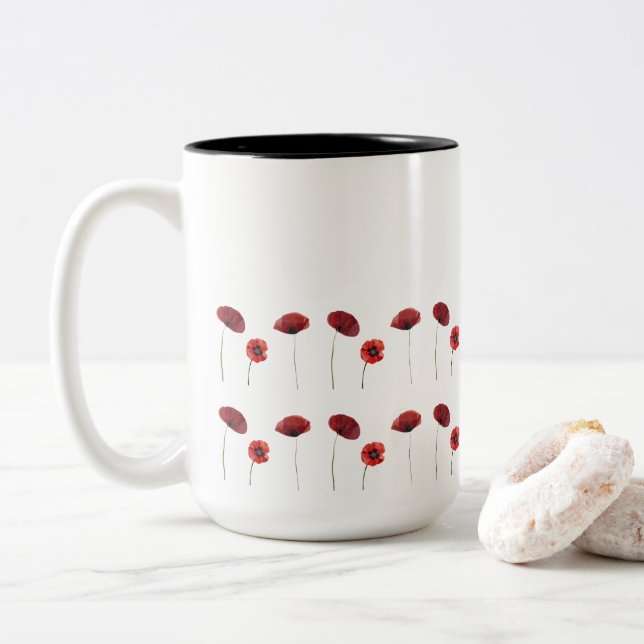 Caneca De Café Em Dois Tons Flores Vermelhas Flores (Com Donut)