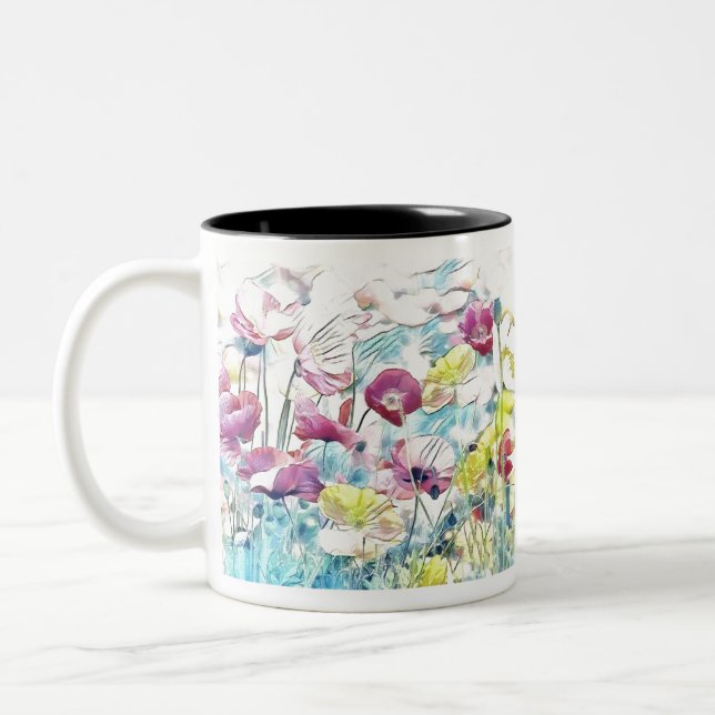 Caneca De Café Em Dois Tons Flores vermelhas, rosa e amarelas (Esquerda)