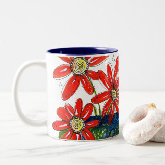 Caneca De Café Em Dois Tons Flores Vermelhas Whimsical