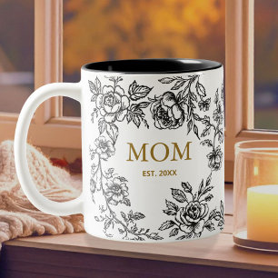 Caneca De Café Em Dois Tons Flores Vintage Toile De Jouy Preto Dia Das Mães 