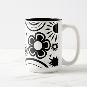 Caneca De Café Em Dois Tons Flores Whimsical Pretas e Brancas, Círculos, Splat