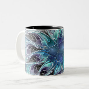 Caneca De Café Em Dois Tons Flourar Abstrato Moderno Flor Fractal Com Azul