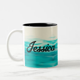 Caneca De Café Em Dois Tons Fluid Art Turquoise Wavy Watercolor Nome Personali