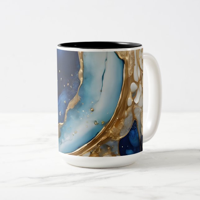 Caneca De Café Em Dois Tons Fluido Abstrato Dourado-Marinho Praia (Frente Esquerda)