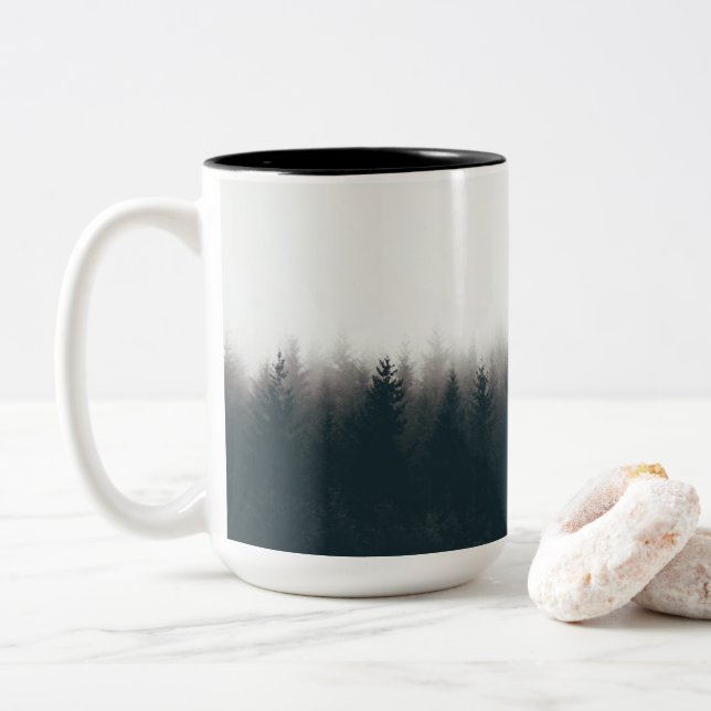 Caneca De Café Em Dois Tons Fogggy Forest Pine Mountain Aestic Art (Com Donut)