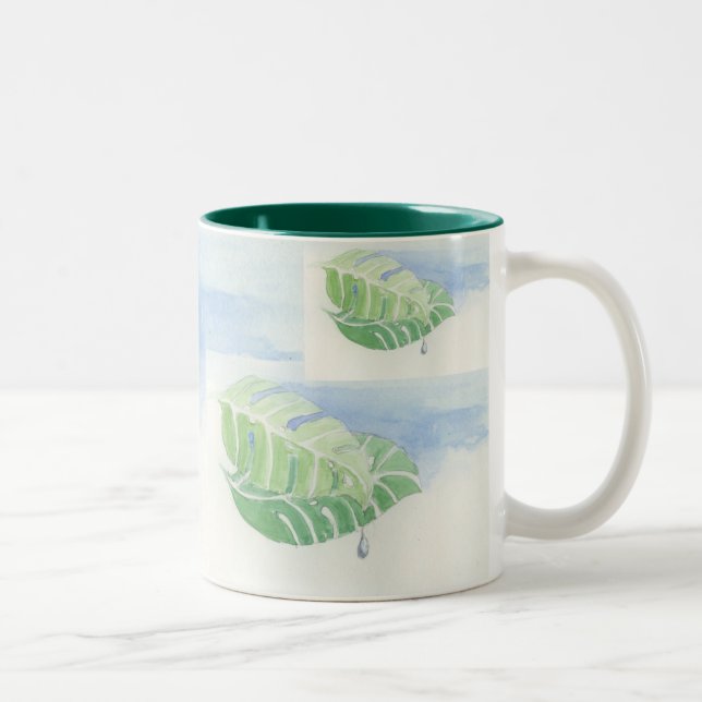 Caneca De Café Em Dois Tons Folha tropical com pingo de chuva (Direita)