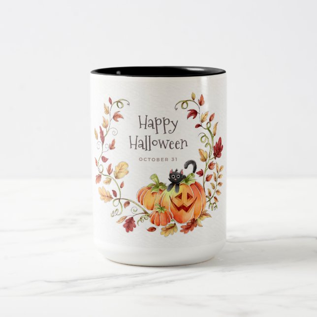 Caneca De Café Em Dois Tons Folhagem de outono do Halloween (Centro)