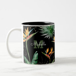 Caneca De Café Em Dois Tons Folhagem Tropical Palm Monograma Script Dourado Pr