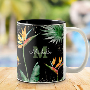 Caneca De Café Em Dois Tons Folhagem Tropical Palma Monograma Script Dourado P