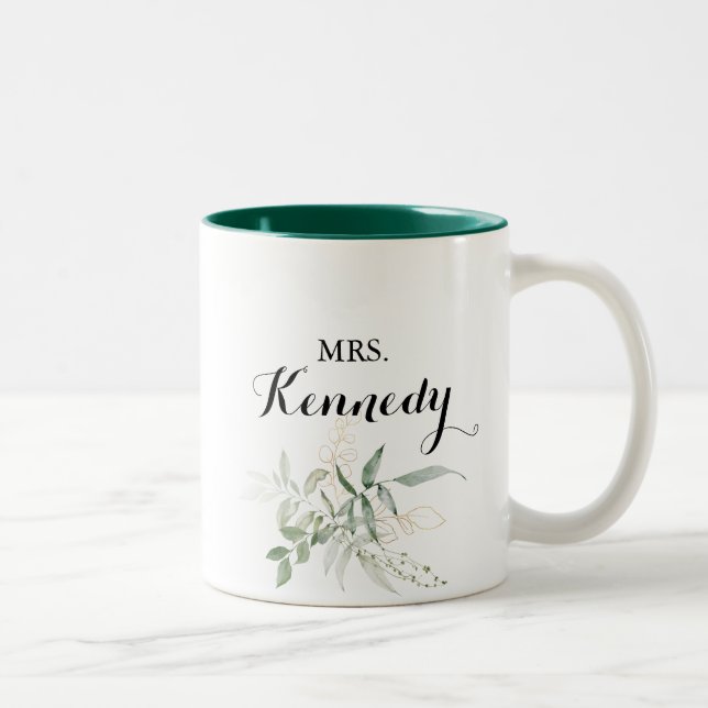 Caneca De Café Em Dois Tons Folhagem Verde Dourada Sra. Newlywing Nolywn Bride (Direita)