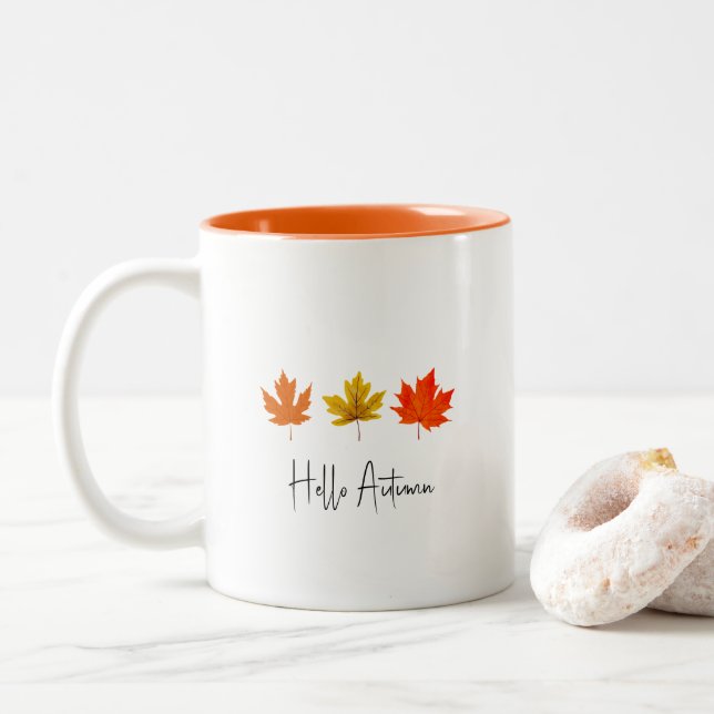 Caneca De Café Em Dois Tons Folhas bonito de Mapeamento Vermelho Laranja Verme (Com Donut)