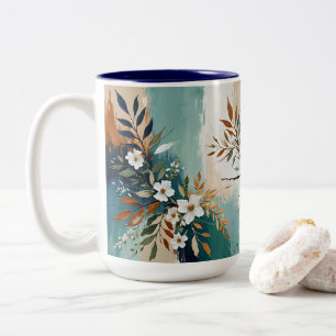 Caneca De Café Em Dois Tons Folhas Coloridas Abstrato Floral Teal Blue Rust Ta