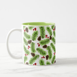 Caneca De Café Em Dois Tons Folhas, Cones e Bagas de Pinheiro de Natal