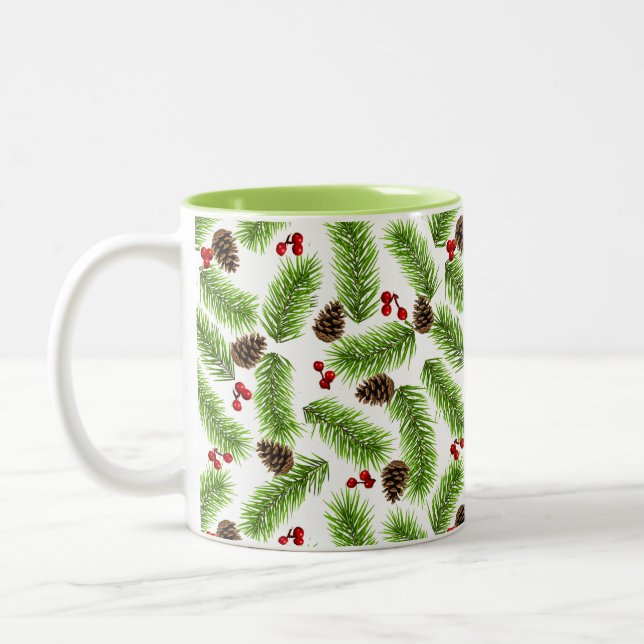 Caneca De Café Em Dois Tons Folhas, Cones e Bagas de Pinheiro de Natal (Esquerda)
