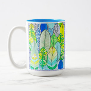 Caneca De Café Em Dois Tons Folhas de Boho Tropicais Modernas e Amarelas Verde